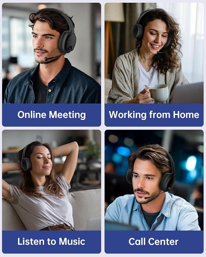 Wireless Headset with Mic for Work up to 40H Talk Time, Over-Ear Foldable Bluetooth Wireless Headset with AI Noise Cancelling Mic, Bluetooth V5.3 & USB Dongle & Mic Mute for Home Office (Black)