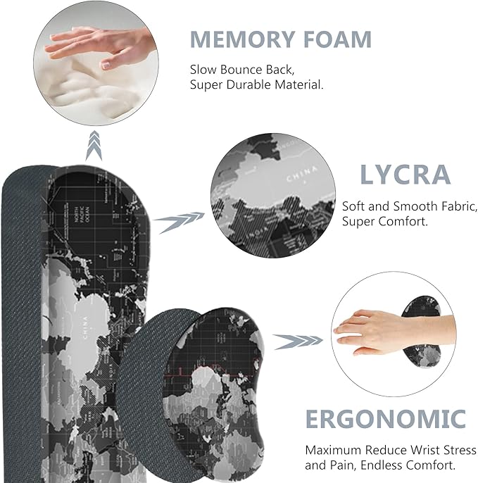 AIMSA Large Gaming Mouse Pad Set, Keyboard Wrist Rest Support Mouse Pad, Ergonomic Memory Foam Multifunctional Extended Desk Mat 35x15.7in Anti-Slip Rubber Base for Office Home, Black World Map