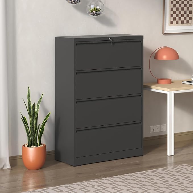 KEIKI 4 Drawer Lateral File Cabinet with Lock – Tall Heavy-Duty Metal Filing Cabinet, Space-Saving Wide Storage for Letter/Legal/A4/F4, Quiet Full-Extension Slides for Home Office, Black