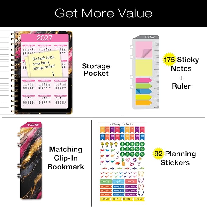 HARDCOVER 2026 Planner, 5.5"x8": 14 Months (November 2025 - December 2026), Daily Weekly Monthly Planner, Yearly Agenda, Bookmark, Pocket Folder and Sticky Note Set (Dark Gold Marble)