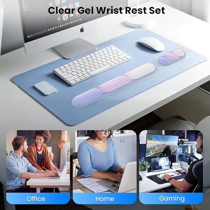 TECKNET Silicone Gel Wrist Rest for Computer Keyboard, Ergonomic Clear Gel Keyboard Wrist Rest Set for Typing Pain Relief, Comfortable Cool-Touch Wrist Support Pad for Office, Gaming, Study, Purple