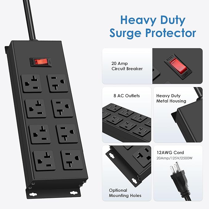 JUNNUJ Heavy Duty 20 Amp Power Strip, Garage 8 Outlets Metal 12 Gauge Surge Protector 3000J, High Amp 5-15P Adapter Shop 6-20R T-Slot Industrial Outlets (8AC, 10FT)