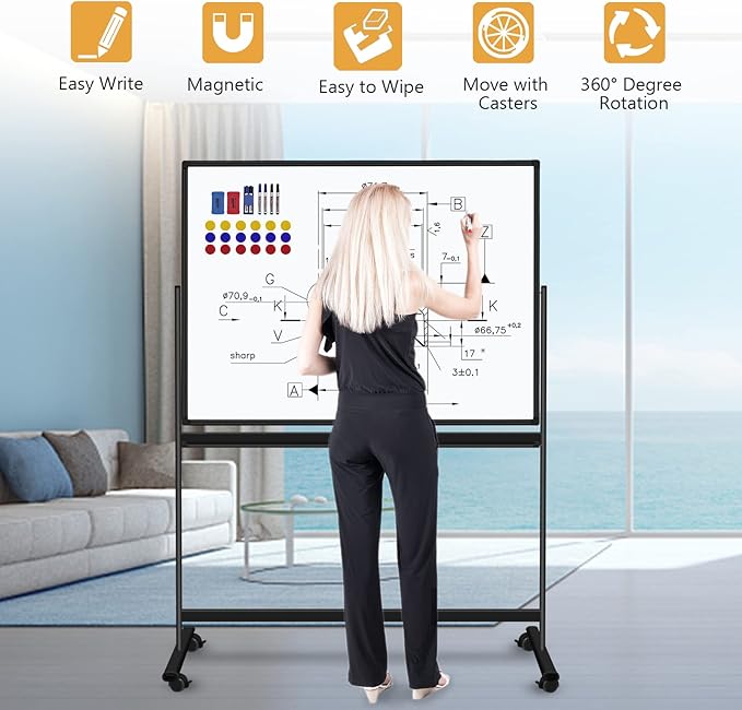 H-Qprobd 48"x36" Mobile Whiteboard Double-Sided Magnetic Dry Erase Board on Wheels - Comercial Rolling White Boards with Sturdy Stand for Home, Office & School