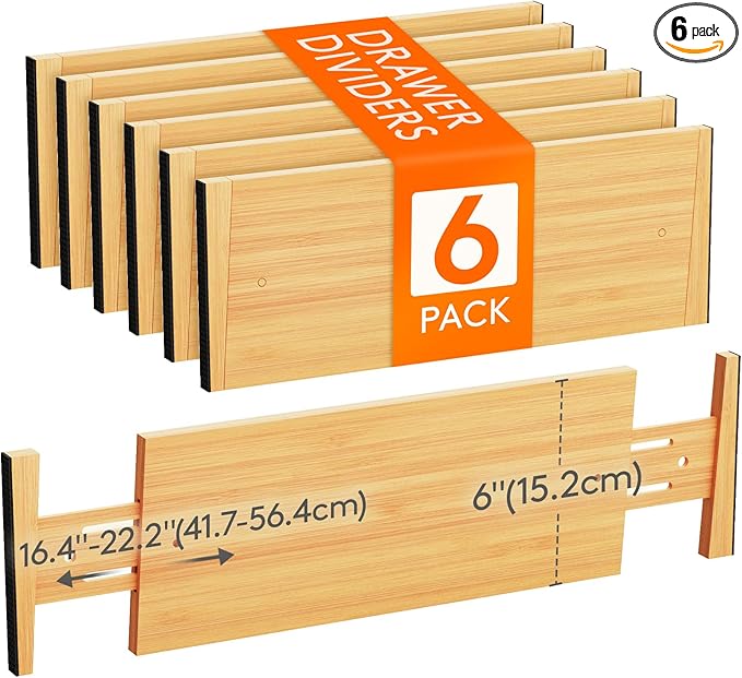 Lifewit 6 Pack Drawer Dividers Bamboo 6" High, 16-22" Adjustable Clothes Drawer Organizers, Expandable Dresser Separators in Bedroom/Bathroom/Kitchen/Office Organization and Storage