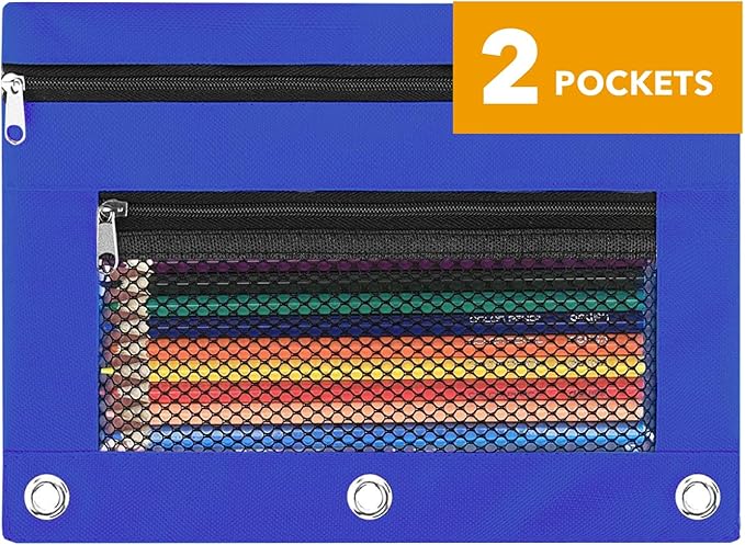 Pencil Pouch for 3 Ring Binder - 3 Hole Zipper Pen Case Bag Holder Bulk Accessories Clear Window Aesthetic Organizer Pockets (Blue, 1)