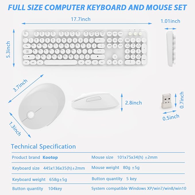 Wireless Keyboard Mouse Combo, 104 Keys Cute White Keyboard with Number Pad & Mouse for Windows, Computer, PC, Notebook, Laptop (White)