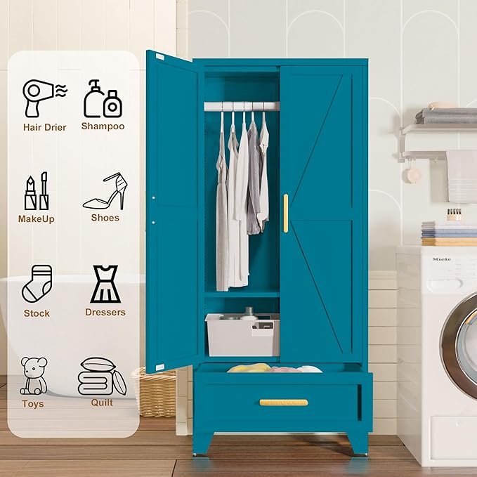 Metal Wardrobe Cabinet,71 Armoire Wardrobe Closet with Drawers and Hanging Rod,Metal Armoire with Adjustable Shelves for Closet,Bedroom,Farmhouse Storage Cabinet with Drawer(Blue)