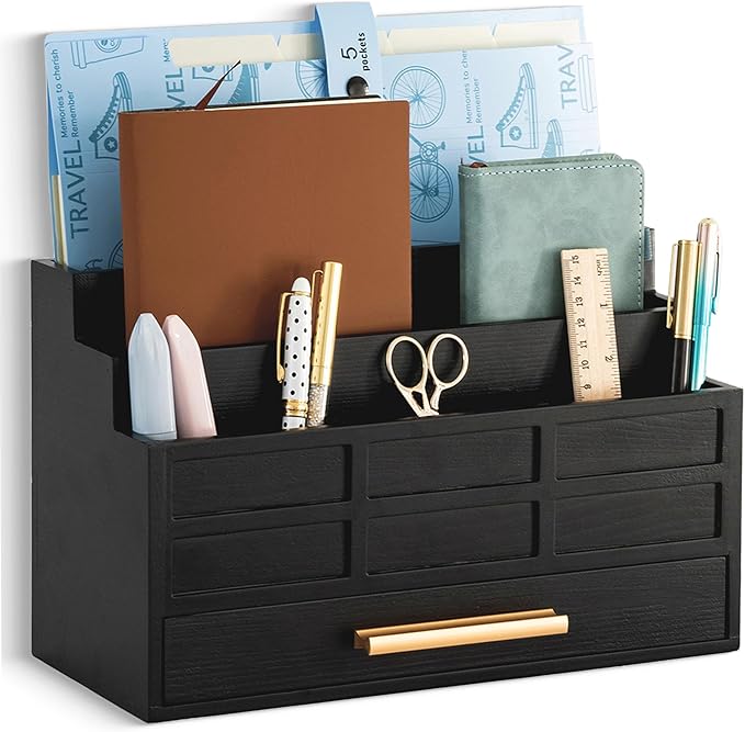 Black Wood Desk Organizer and Accessories with Drawer, Bill Mail Organizer and File Mail Holder for Office Supplies, Rustic Desk Accessories & Workspace Organizers for Desk Organization