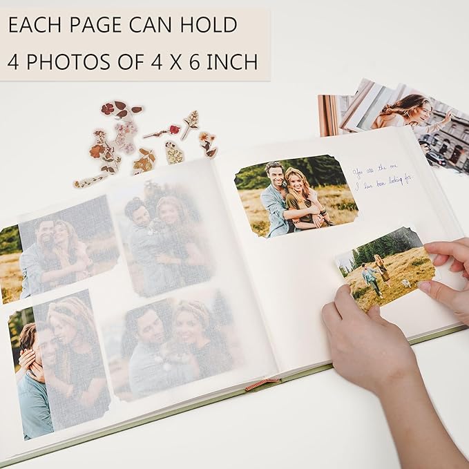 Vienrose Premium Scrapbook Photo Album with Writing Space 12"x12", DIY Scrapbook Album with 60 Pages, Large Photo Book for Baby Family Travel Vacation, Grass Green