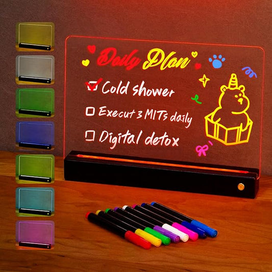 LED Note Board with 8 Colors，Acrylic Dry Erase Board with Light, Clear Monthly/Weekly Calendar, Led Drawing Board for Kids with Stand, 8 Markers, Adapter, Soft Cloth, Holiday Trend Gift (Black)