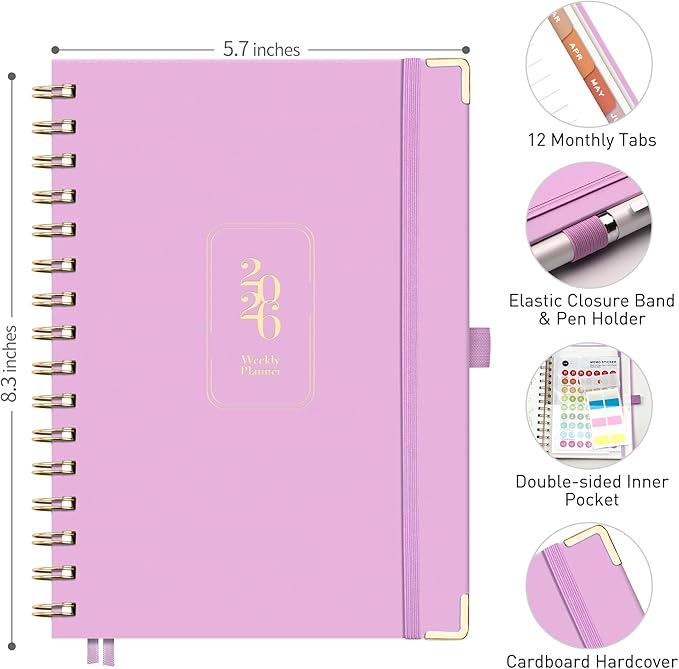 RETTACY 2026 Planner, Weekly and Monthly, Medium Size (5.7" x 8.3"), Jan - Dec 2026, Agenda, Calendar, 12 Month Tabs, Hardcover, 100 GSM Thick Paper, Spiral-bound (Lilac)