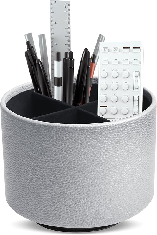 Hennaja Round Leather Art Supply Organizer,Remote Control Holder,360 Degree Spinning,Multi-Functional Pencil Holder,4 Compartments Desktop Stationary Organizer(1-Lichee Silver)