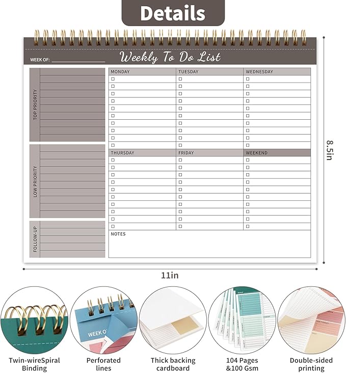 Weekly To Do List Notepad, 52 Undated Sheets （8.5"×11") Duplex-printed Weekly Planner Notepad For Work Home School Office Desk Accessories Supplies & Goal Setting Tasks - Brown