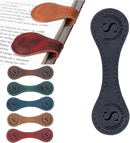 Personalized Magnetic Leather Bookmark, 26 Letters Custom Leather Bookmarks, Handmade, Leather Magnetic Bookmark for Book Lovers Readers Women Kid(Black，S）