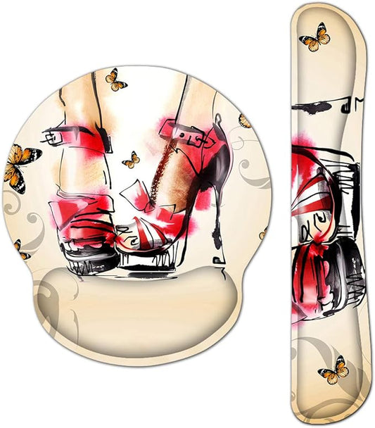 Ergonomic Keyboard Mouse Pad Wrist Rest Support Set for Laptop/Computer/Desktop,Memory Foam Hand Rest Wrist Cushion for Gaming/Office,Lightweight Comfortable & Pain Relief (Red High Heels)