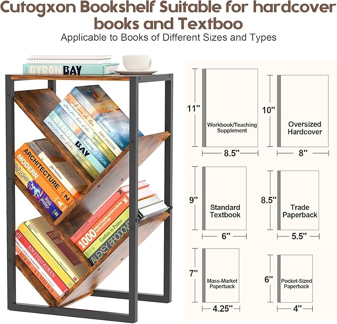 Small Bookcase - 5 Tier Tree Bookshelf with EVA Pads, Book Shelf for Small Spaces Bookshelves Wooden Book Storage Organizer Shelves for Hardcover Books Bedroom Living Room