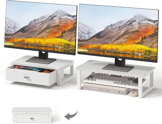 WOHOMO Dual Monitor Stand Riser with Drawers, Desk Organizers for 2 Monitors, Desktop Storage Stand for Computer,Laptop,White
