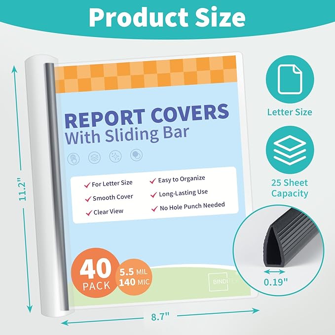 Binditek 40 Pack Clear Report Covers with Sliding Bars, 25 Sheet Capacity, 5mm Binding Bars, Letter Size, 5.5 Mil Thick, Black, for Students and Coworkers