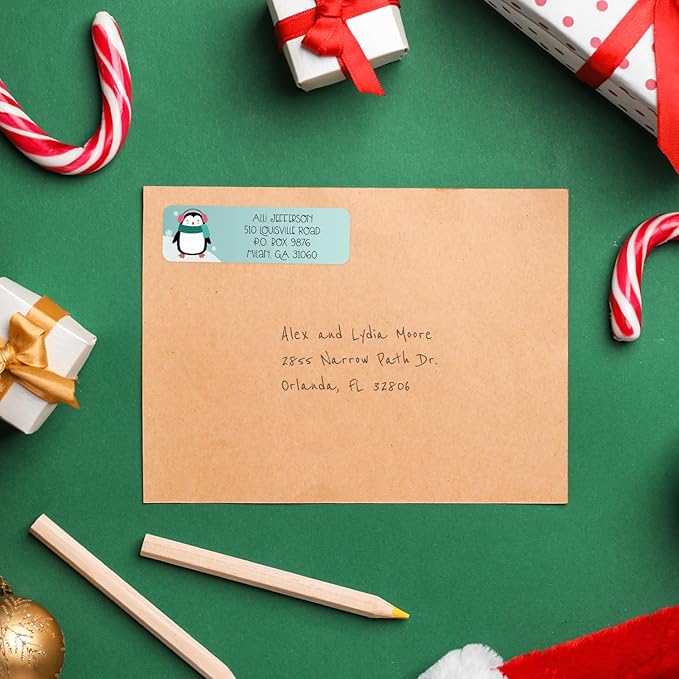 Whimsical Christmas Rolled Address Labels / 250 Personalized Return Address Labels/Designer Address Stickers in Elegant Plastic Dispenser