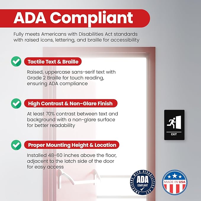 Promot Exit Sign – ADA Braille Exit Sign for Business, Self-Adhesive, 9" x 6", Commercial Door Signage, Office Wall Decor - Black