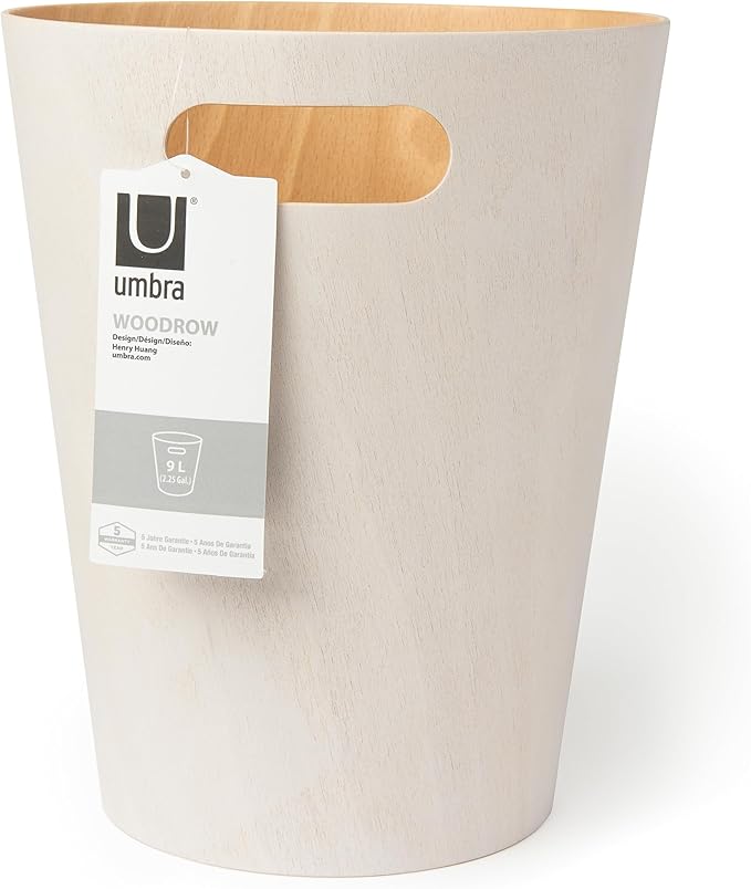 Umbra Woodrow, 2 Gallon Modern Wooden Trash Can Wastebasket or Recycling Bin for Home or Office, White