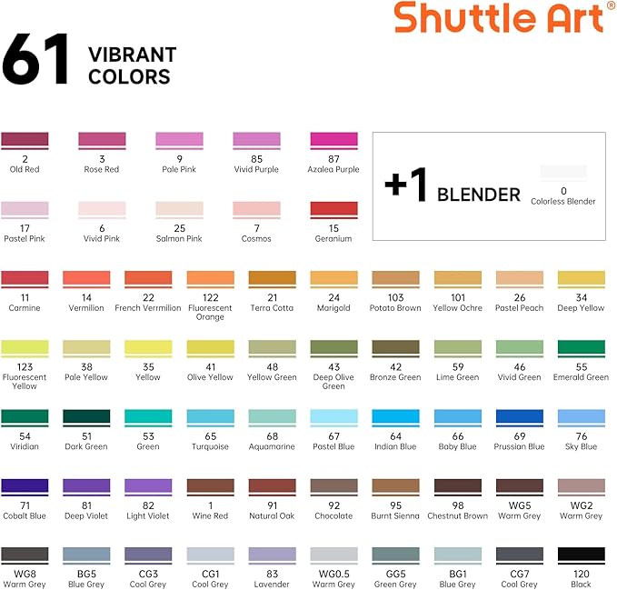 Shuttle Art 61 Colors Alcohol Markers, 60 Colors Dual Tip Art Marker Set Plus 1 Colorless Blender with Marker Case Perfect for Illustration Students Adult Coloring Sketching
