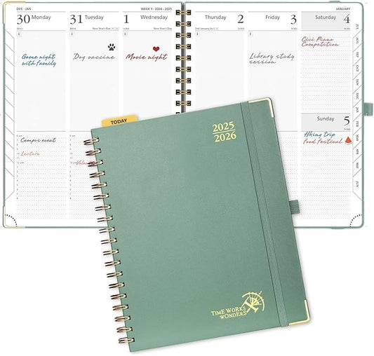 POPRUN Academic Planner 2025-2026 (July 2025-June 2026), Daily Weekly and Monthly Appointment Book (Wirebound Hard Cover - 10'' x 8'') with Hourly Time Slots, Tabs, 100 GSM - Midnight Green