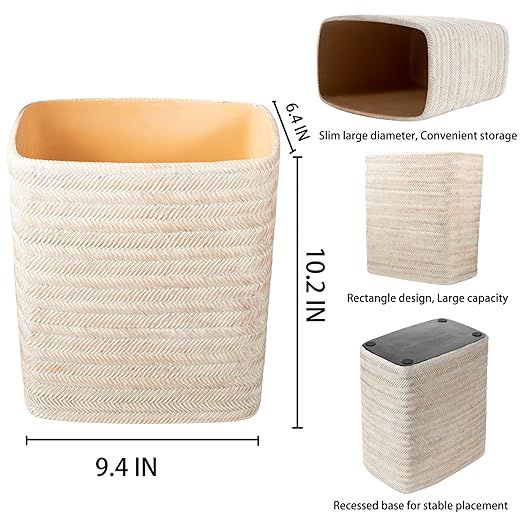 Polytree Bathroom Trash Can 1.8 Gallon Small Kitchen Garbage Can,Decor Wastebasket for Bedroom Office,Resin Hand-Carved Bamboo Wicker,Farmhouse White