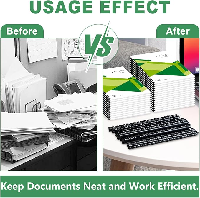 HOUYEE 100 Pack 3/8 Inch Plastic Binding Comb 19 Ring, 60 Sheet Capacity, Black Comb Binding Spines for Letter Size Paper