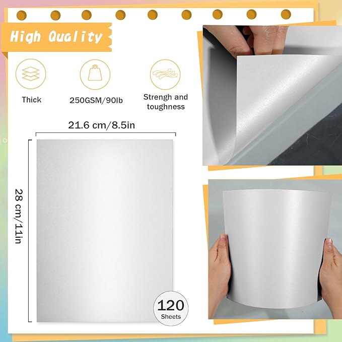 120 Sheets Silver Shimmer Cardstock 8.5 x 11 Inch Metallic Paper, 250gsm/92lb Double Sided Silver Card Stock Pearlescent Paper for Invitations, Certificates, Crafts, DIY Cards
