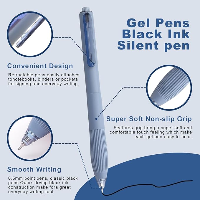 Bribobo Gel Pens Black Ink 0.5mm Fine Point Pens Silent Smooth Writing Work Pen (6-Count)