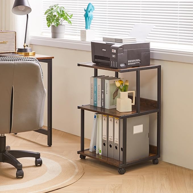 IBUYKE Printer Stand with Storage Shelf,3 Tier Printer Table with Wheels,Printer Cart for Home Office Organization, Rolling Cart Stand for Heat Press Microwave and Mini Fridge TPS001H