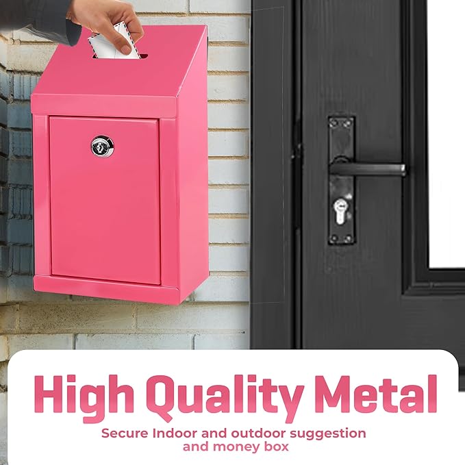 Metal Donation Box-Suggestion Box with Slot and lock-Cash Lock box for Money-Secure Drop Box-Comment and ballot voting box-comes with pre-drilled holes for easy wall mounting 10 X 6 X 2.5"(Pink)