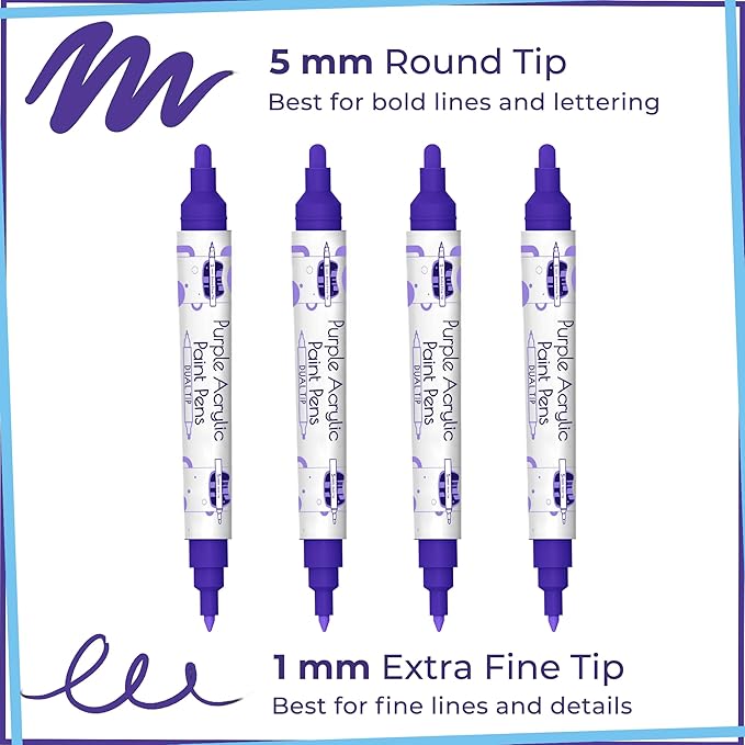 4 Dual Tip Purple Paint Pen Metallic - Fine Tip & Medium Acrylic Paint Markers - Purple Acrylic Markers for Metal, Wood, Rock Painting, Canvas, Ceramic, Glass, Fabric, Plastic - Water based Ink