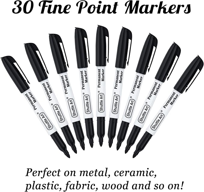 Shuttle Art Permanent Markers, 30 Pack Black Permanent Marker set,Fine Point, Works on Plastic,Wood,Stone,Metal and Glass for Doodling, Marking