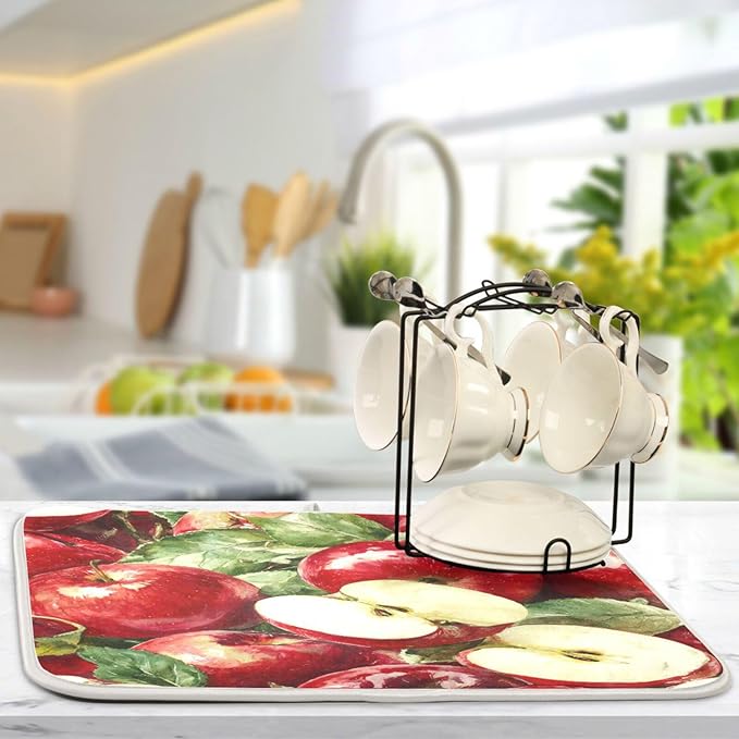 Leaves Red Apples Dish Drying Mat 18 X 24 Inch Natural Fresh Fruits Dry Dishes Pads Tableware Mats Absorbent Microfiber Protector for Kitchen Countertops Counter Home Decorations