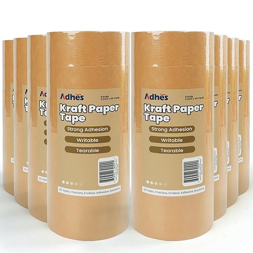 ADHES Kraft Paper Tape, 2 Inch x 44 Yards, 48 Rolls Writable & Uncoated Heavy Duty Paper Tape, Biodegradable Brown Packing Tape for Sealing, Packaging & Moving