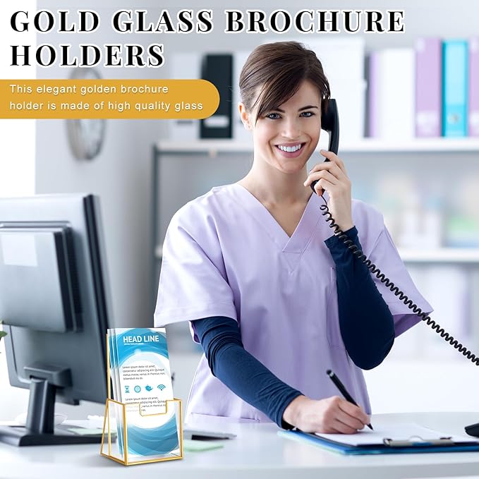 6 Pcs Gold Glass Brochure Holder 4 Inch Tabletop Literature Holder Stand Clear Trifold Pamphlet Flyer Brochure Display Stand for Magazine Booklets Menu Journals