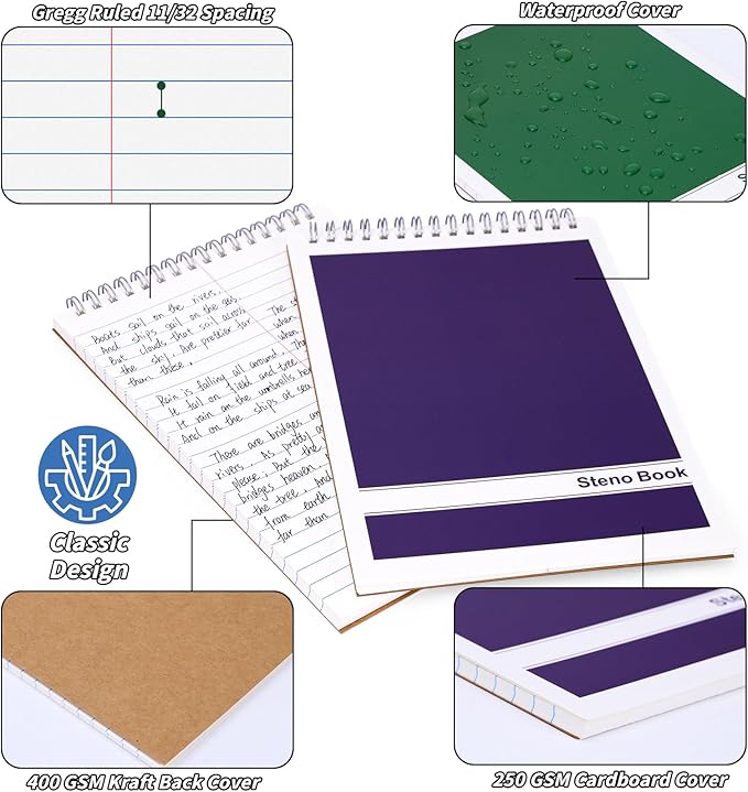 24 Pack Steno Pads 6 x 9 in Spiral Top Notebook Bulk 6 Assorted Color Note Pad 60 Sheets Gregg Rule Writing Paper Steno Notebooks for Students Teachers Men Women Professionals Office School Recording