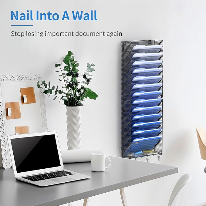 OUTWOLF 15 Tier Wall File Organizer with Hooks, Hanging Wall File Holder Wall Mount Paper Folder Organizer for Office, Magazine Rack