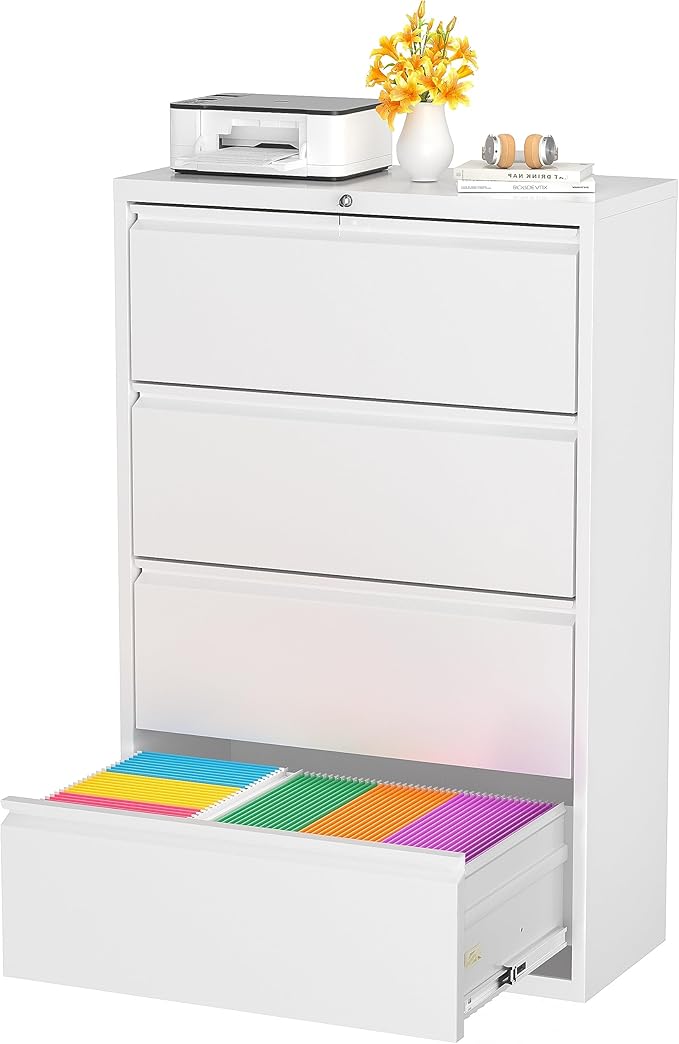 Superday Lateral File Cabinet 4 Drawer, Filing Cabinets with Lock, Large Deep Locking Metal File Cabinets Two Drawer Filing Cabinet for Home Office/Legal/Letter/A4/F4(White)