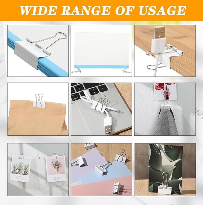 Jetec 200 Pcs 1.6in/41mm Metal White Binder Clips Bulk Medium Reusable Fold Back Binder Clips Paper Clamps Spring Steel Sturdy for Home School Office Supplies