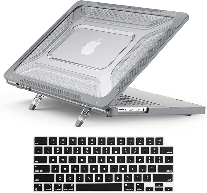 KEROM Heavy Duty Case for MacBook Air 13 inch 2025-2022 M4 M3 M2 A3240 A3113 A2681, MacBook Air M4 13 inch Case, Protective Rugged TPU Bumper Hard Shell with Foldable Kickstand & Keyboard Cover, Grey