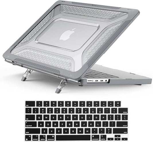 KEROM Heavy Duty Case for MacBook Air 13 inch 2025-2022 M4 M3 M2 A3240 A3113 A2681, MacBook Air M4 13 inch Case, Protective Rugged TPU Bumper Hard Shell with Foldable Kickstand & Keyboard Cover, Grey