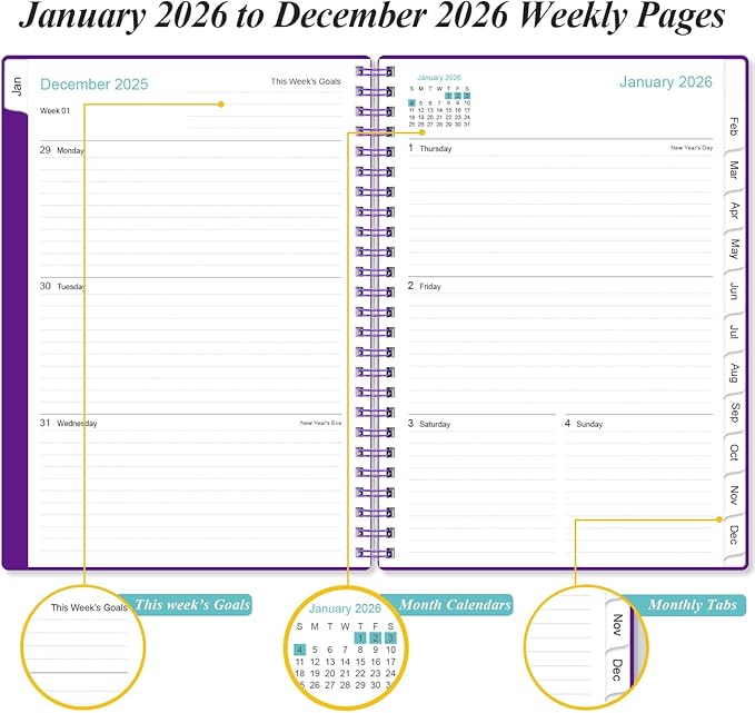 2026 Planner - Planner 2026 from January 2026 - December 2026, Weekly & Monthly Planners Spiral Bound with 12 Monthly Tabs, Inner Pocket, 6.4" x 8.5", Purple