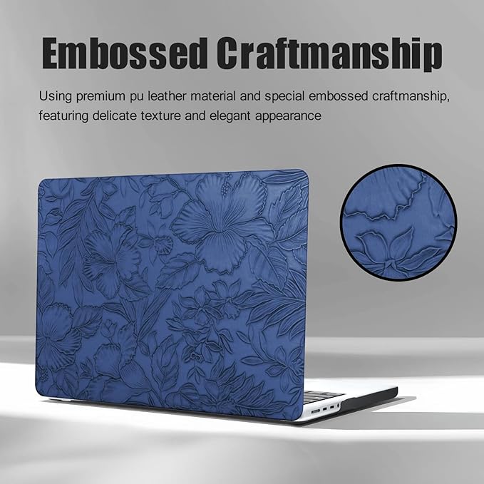 DTangLsm for MacBook Air 15 inch Case 2025 2024 2023 2022 M4 M3 M2 A2941 A3114 A3241, Elegant Textured Retro Leather Hard Shell Case for MacBook Air 15" M4 Cover + Keyboard Skin, Blue Embossed Floral