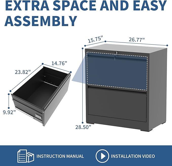 2 Drawer File Cabinet with Lock, Black Metal Lateral Filing Cabinets for Home Office, Heavy Duty Steel Horizontal Locking Storage Cabinet for Legal/Letter/A4 Size File, Assembly Require