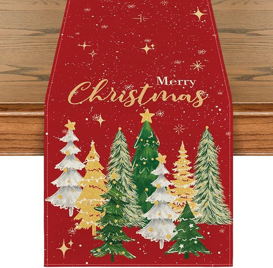 Artoid Mode Xmas Trees Merry Christmas Table Runner, Seasonal Winter Red Kitchen Dining Table Decoration for Home Party Decor 13x90 Inch