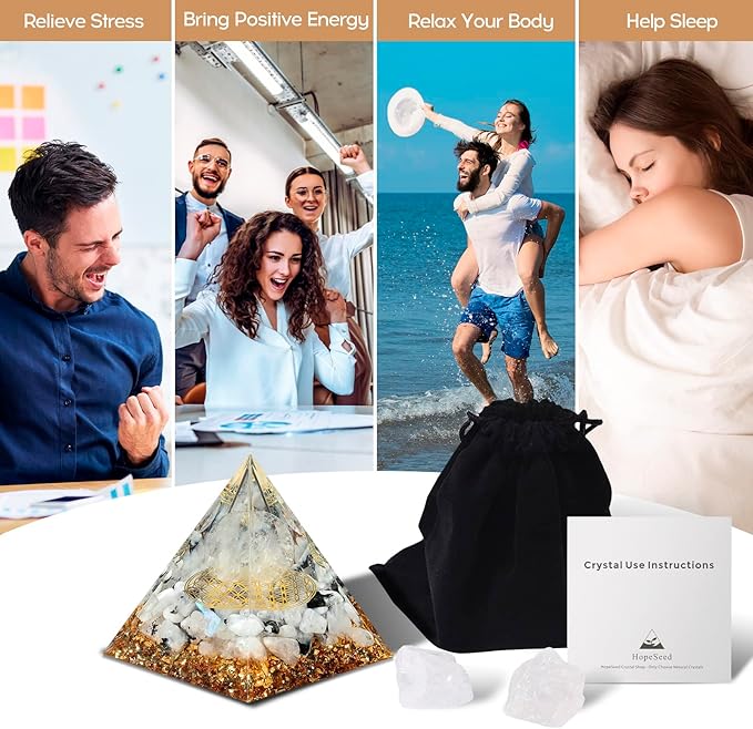 Hopeseed Orgone Pyramid for Positive Energy, Orgonite Rainbow Moonstone&White Crystal Healing Crystal Pyramids for Reduce Stress Chakra Reiki Healing Meditation Attracts Lucky and Success