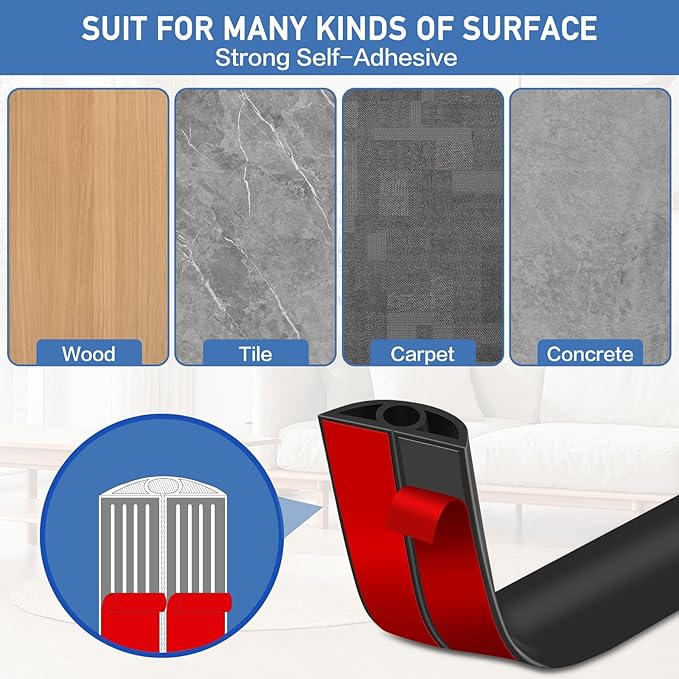 Floor Cord Cover Self Adhesive Cord Hider Floor Extension Cord Covers for Floor Power Cord Protector Cable Management Prevent Cable Trips Cable Cavity 0.32" W x 0.32" H (Black, 20Ft)